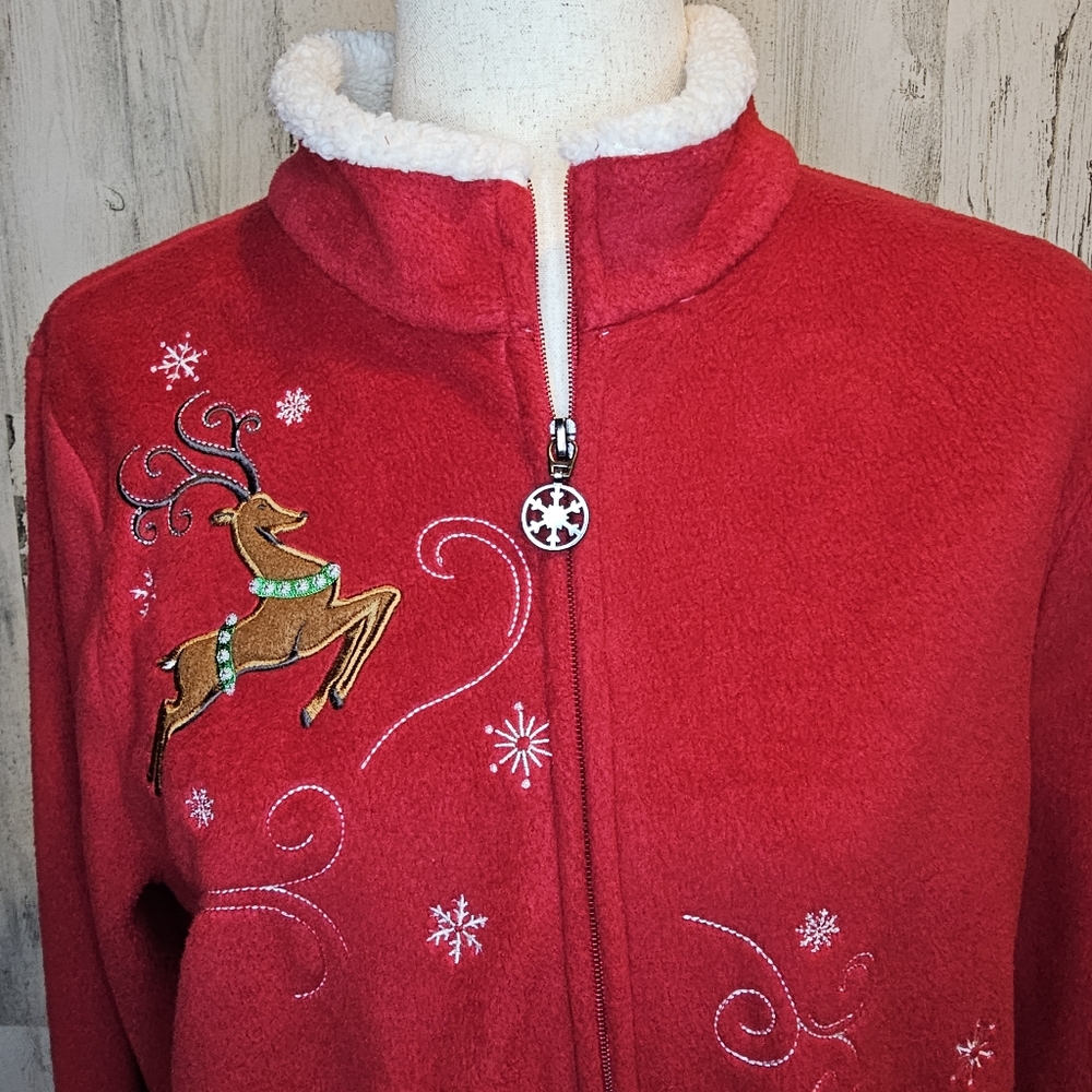 Breckenridge Women's Large Red Fleece Christmas Jacket Sherpa Collar Embroidered - Picture 6 of 14